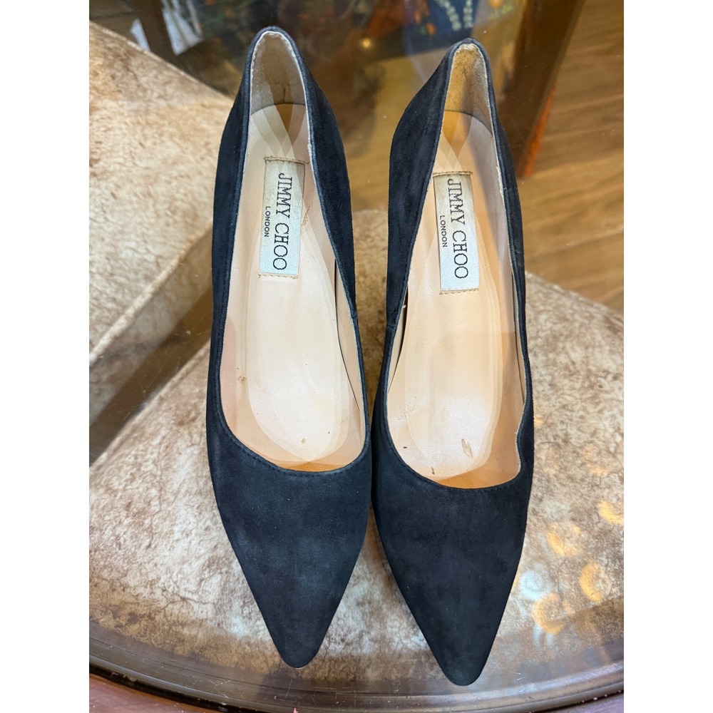 Jimmyā Choo Black Suede Pointed Toe Kitten Heel Pumps Made in Italy Size 37